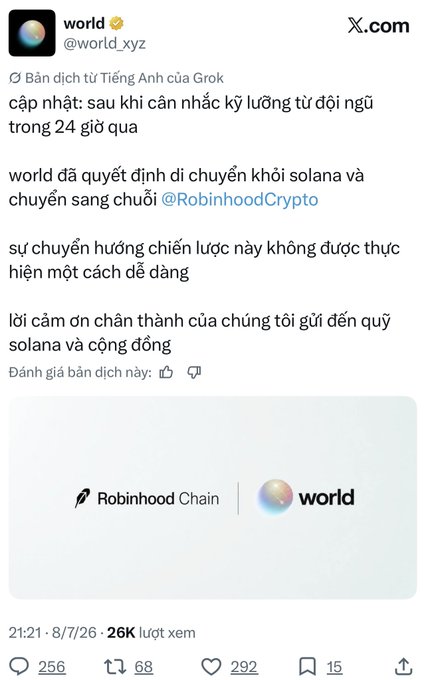 A Vietnamese tweet from @world.xyz announcing a return to Solana and migration to the @RobinhoodCrypto chain, with 26K views, 256 replies, 68 retweets, and 292 likes.