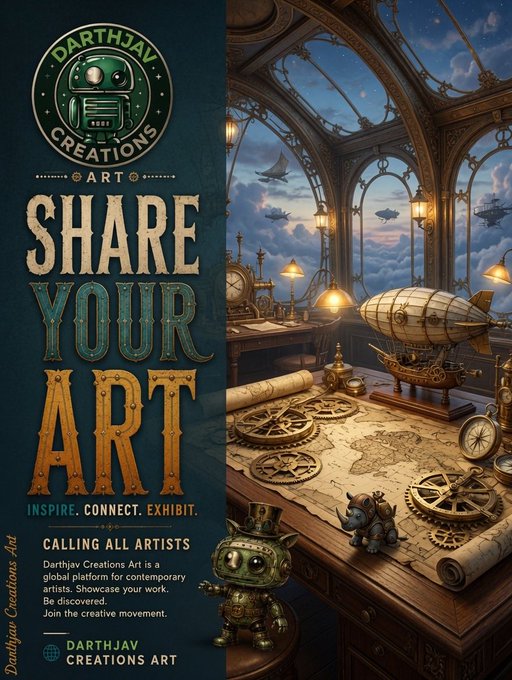 A promotional poster for 'Darthjav Creations Art' reading 'SHARE YOUR ART - INSPIRE. CONNECT. EXHIBIT.' featuring a steampunk-style robot and an elaborate scene of a desk with maps, gears, and airships in an arched window.