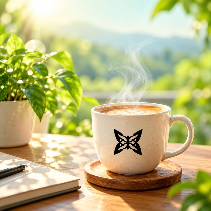A steaming cup of coffee or latte with latte art in a white mug featuring a butterfly logo, placed on a wooden coaster next to a potted basil plant and an open notebook in a sunlit outdoor setting.