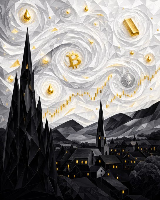 A digital artwork styled after Van Gogh's 'Starry Night' depicts a dark village and church spire beneath a swirling sky featuring golden cryptocurrency symbols including Bitcoin and Ethereum.