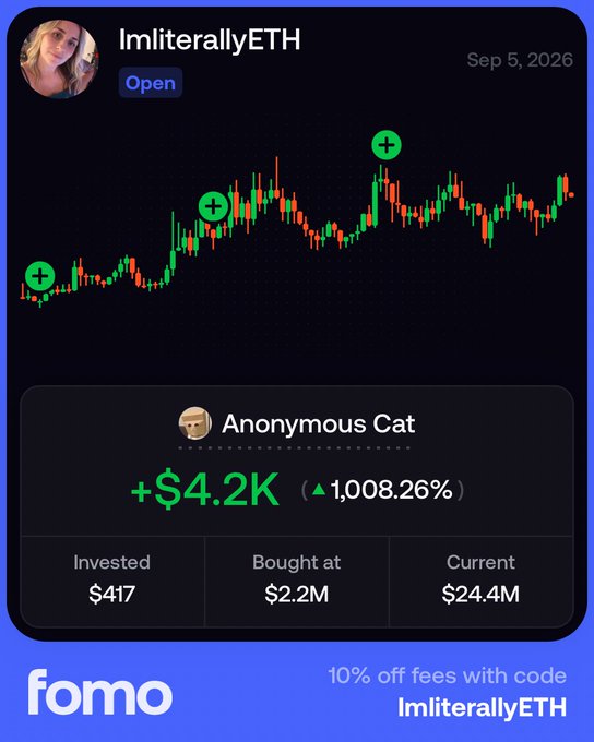 A Fomo app promotional graphic dated Sep 5, 2026 shows a trader 'ImliterallyETH' highlighting gains from an anonymous 'cat' meme coin, with +$4.2K profit (1,008.26%), invested $417, bought at $2.2M market cap, currently at $24.4M.