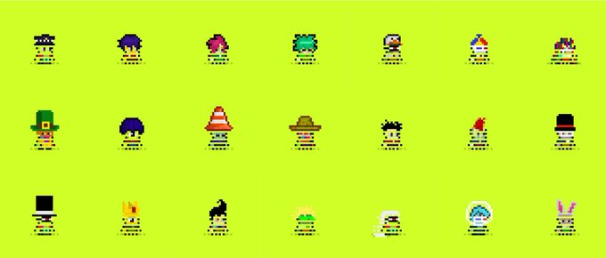 A pixel art grid displaying approximately 20 small character sprites with various hairstyles and hats on a bright yellow-green background.