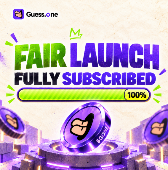 A promotional graphic for "Guess.one" announces a "FAIR LAUNCH" with "FULLY SUBSCRIBED" displayed above a 100% progress bar, featuring purple and gold coins with hand logos on a circular pedestal.