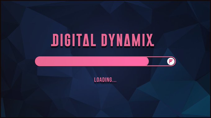 A digital loading screen displays the text 'DIGITAL DYNAMIX' in pink above a progress bar on a dark blue geometric background.