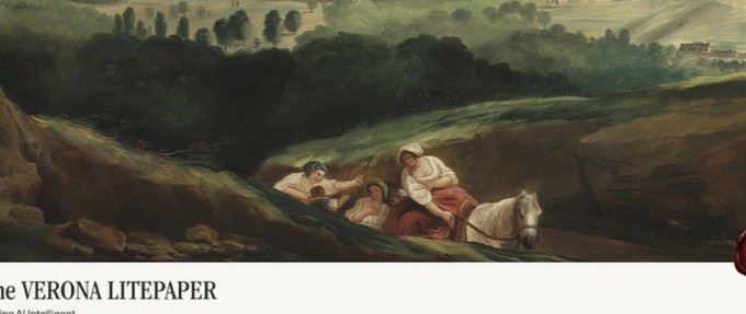 A classical landscape painting depicting figures resting on a hillside with a white horse, set against rolling green hills and trees, with text 'VERONA LITEPAPER' visible at the bottom.