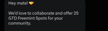 A message reads "Hey mate! 🤝 We'd love to collaborate and offer 25 GTD Freemint Spots for your community," appearing to be a partnership proposal related to the Blanko NFT whitelist giveaway offering 25 guaranteed free mint spots.