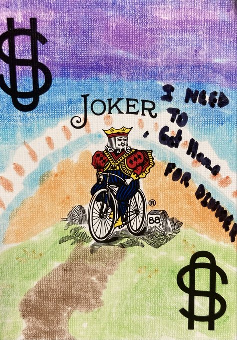 A colorful, surreal artwork featuring a crowned Joker riding a penny-farthing bicycle, with the word 'JOKER' and the phrase 'I NEED TO GET PAID FOR DRUMMER' surrounded by dollar signs and a rainbow.