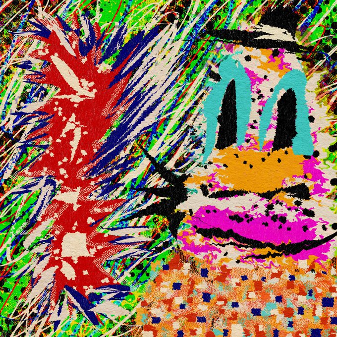 A vibrant, abstract digital artwork featuring colorful chaotic strokes and a distorted face-like figure with bold red, blue, green, and pink hues.