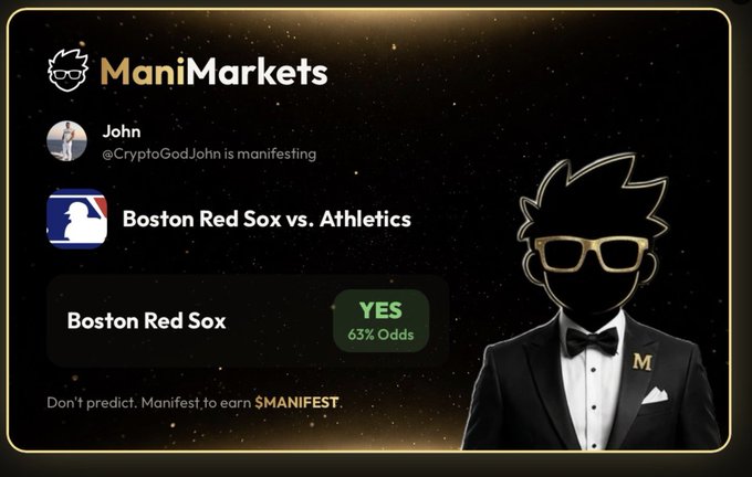 This image from Mani Markets shows a prediction for the Boston Red Sox vs. Athletics game, with "Boston Red Sox" having 63% odds to win. This is presented as John's "lock of the day."