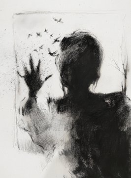 A moody black-and-white illustration showing a shadowy figure with their hand pressed against a surface, with small birds flying away from the hand.