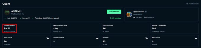 A dashboard showing a claim for 'ANSEM' with a highlighted value of '$14.23', displaying trading fees, volume, and PNL metrics.