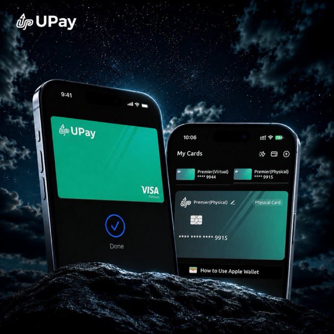 Promotional image for UPay showing two iPhones displaying a green Visa card and a virtual/physical card management app against a starry night sky background.