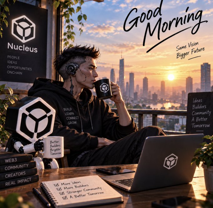 A digital illustration features a cyberpunk-style figure drinking from a 'Nucleus' mug on a balcony overlooking a city at sunset, with text reading 'Good Morning,' 'Same Vision Bigger Future,' 'Nucleus,' 'PEOPLE IDEAS OPPORTUNITIES ONCHAIN,' 'BUILD LEARN CONNECT GROW,' 'Ideas Builders Community A Better Tomorrow,' 'Better Builders Brighter Tomorrow,' and 'WEB3 COMMUNITY CREATORS REAL IMPACT.'