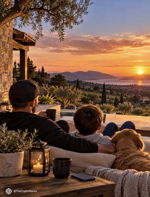 A man and boy sit with a dog on an outdoor couch watching a sunset over water, with the watermark '@TheCryptoSquire' visible.