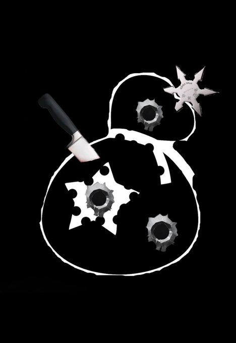 A black and white graphic featuring an outline of a figure with metallic gears and shuriken shapes inside, and a knife protruding from the left side.