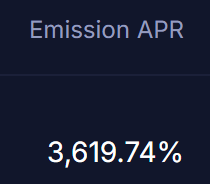 A dark screen displaying 'Emission APR' with the alarming figure '3,619.74%' in pink/magenta text.