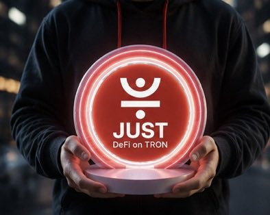 The image depicts hands presenting a glowing red neon disc displaying the "JUST" logo with the text "DeFi on TRON," symbolizing the platform's role in putting idle crypto assets to work. It visually reinforces the post's message about leveraging TRON's DeFi ecosystem and its $2.35M incentive pool to earn passive rewards rather than letting crypto sit idle.