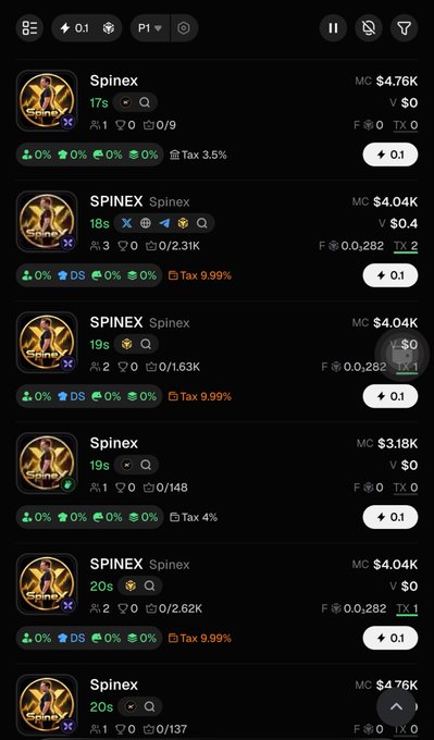 A mobile app interface displaying token listings, with multiple entries for 'Spinex' and 'SPINEX' showing market caps ranging from $3.18K to $4.76K, varying ages (17s-20s), and buy buttons priced at 0.1.