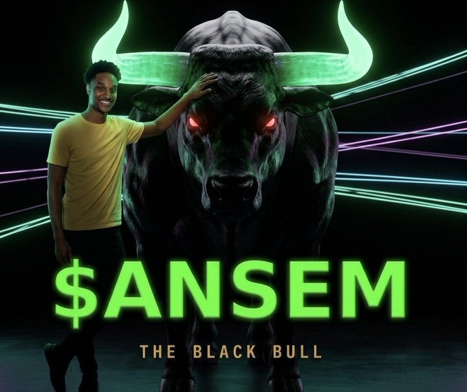 A promotional image for the '$ANSEM' token featuring a man in a yellow shirt posing with a menacing, glowing-eyed black bull with green horns against a neon-lit background, subtitled 'THE BLACK BULL'.