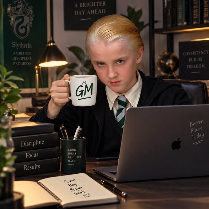 A young man with slicked-back blonde hair sits at a desk holding a white mug labeled "GM," dressed in a Slytherin-themed tie and cardigan, with surrounding motivational signage reading "A BRIGHTER DAY AHEAD," "CONSISTENCY BUILDS FREEDOM," and "Slytherin: AMBITION DISCIPLINE PROGRESS." The cozy, intentional setup with his laptop labeled "Better Plans Today" visually reinforces the post's message of a focused, productive morning perfect for sharing stock market "gems."
