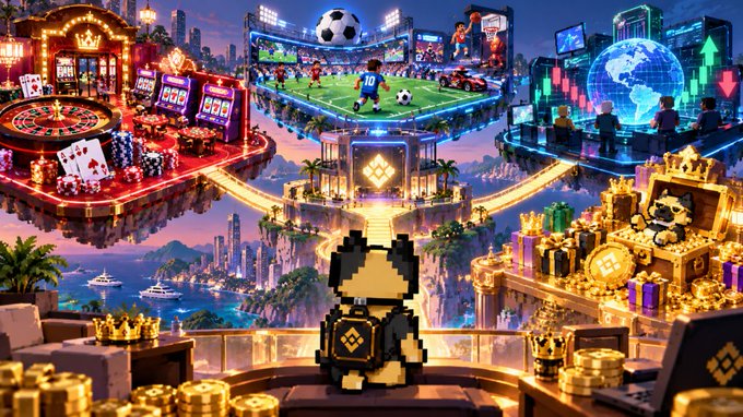 A vibrant digital artwork showing a pixelated character overlooking a fantasy landscape with floating islands featuring a casino, soccer field, trading platform, and piles of Bitcoin and gold with crowns.