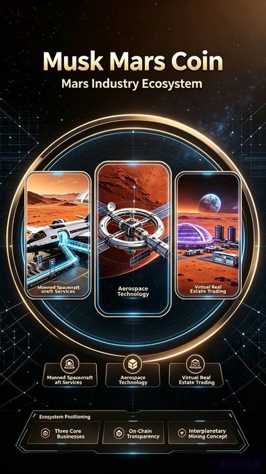 A promotional graphic titled 'Musk Mars Coin - Mars Industry Ecosystem' featuring three phone screens showing Manned Spacecraft, Aerospace Technology, and Virtual Real Estate Trading, with a watermark reading 'EPAT方资产'.