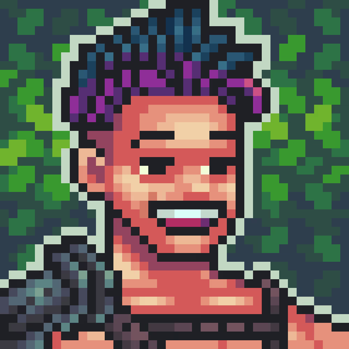 A pixel art portrait of a smiling man with purple and white hair appears against a green foliage background, illustrating the social media post celebrating a win from a Gigaverse racing game event called "GLHFers." The vibrant, retro-style artwork accompanies the user's enthusiastic endorsement of joining the Gigaverse crypto gaming ecosystem.