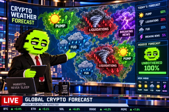 A 'LIVE GLOBAL CRYPTO FORECAST' news broadcast featuring a pixel-art green character in a suit presenting a 'CRYPTO WEATHER FORECAST' world map showing conditions such as PUMP, FUD, and LIQUIDATIONS, with crypto tickers (BTC +3.4%, ETH +5.1%, SOL +6.8%, DOGE +4.2%, PEPE +7.9%) at the bottom.
