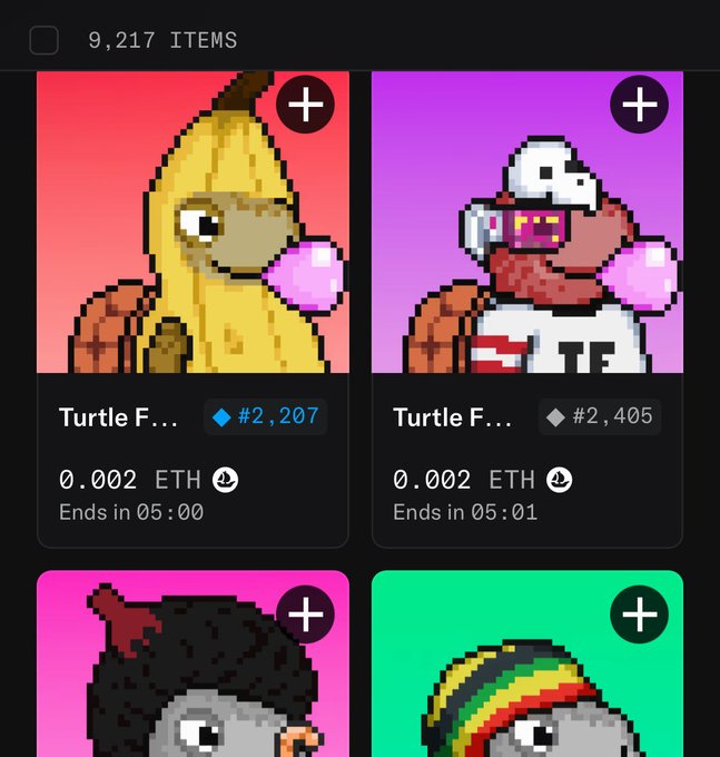 A digital marketplace interface displays 9,217 NFT items, including pixel-art turtle characters listed as 'Turtle F...' for 0.002 ETH with ending timers of 05:00 and 05:01.