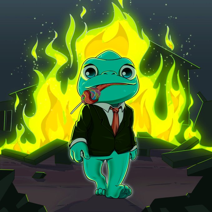 A cartoon image of a teal frog-like character wearing a black suit with a red tie and a lollipop in its mouth, standing in front of a large yellow-green flame with a dark, starry background.
