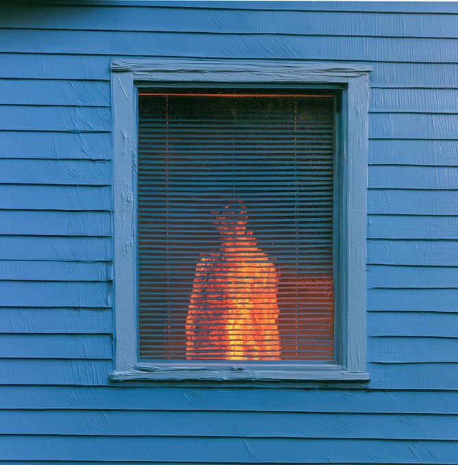 A view through a window with horizontal blinds reveals the silhouette of a person bathed in warm, orange light, set against the blue exterior siding of a house.