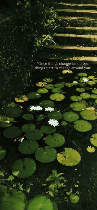 The image features a poster with a green background, surrounded by water lily pads and other plants. The poster has a quote from a famous author that reads "Once something change inside you, always keep moving forward." Below this quote are two white flowers on the poster. The text in the image is related to the post about rebranding or updating a company's image.