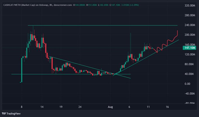 A TradingView candlestick chart showing the market cap of CASHCAT/WETH on Uniswap, currently around 147.10M with a 2.09% gain, displaying an upward trend pattern over time.