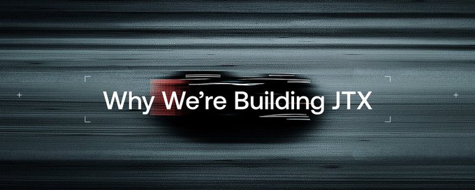 A glitch-effect title card with the text 'Why We're Building JTX' displayed in white over a distorted red and black smudge on a gray background.
