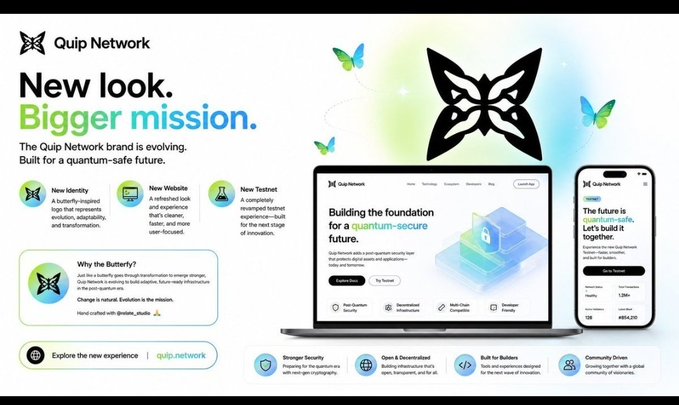 The image shows a poster with a butterfly logo, which is part of a larger poster promoting Quip Network's new look mission. The poster highlights that Quip Network is building a complete network economy while the tech is still evolving, instead of waiting for everything to be perfect first. This approach has been chosen by most infrastructure projects as well. The poster also includes information about Quip Network and its services, such as their focus on community-driven innovation and the importance of collaboration in the tech industry.