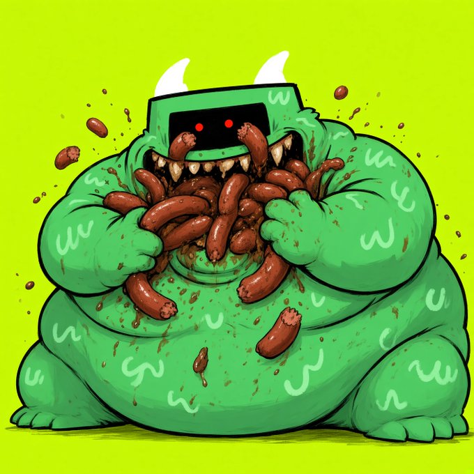 A green horned monster with a devious grin shoves a mouth full of sausages into its face, directly illustrating the post's joke about a "favorite dutch dev" devouring sausages before deploying the token. The playful cartoon imagery matches the casual, hype-building tone of the announcement.