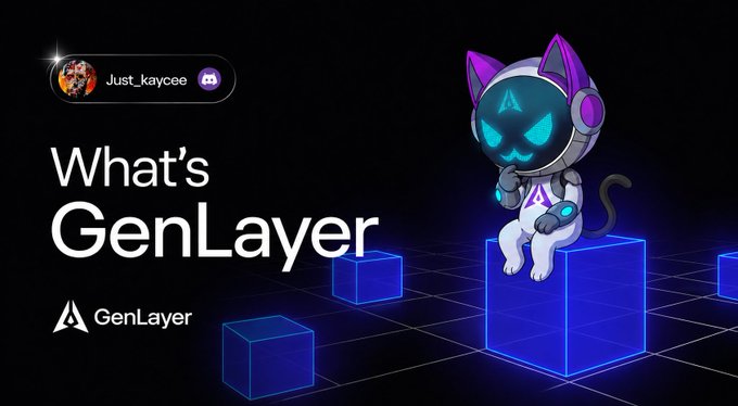 A promotional graphic for 'GenLayer' featuring a stylized, neon-glowing cat mascot in futuristic gear sitting on a blue digital cube next to the text 'What's GenLayer'.