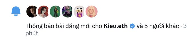 A Facebook notification in Vietnamese reading 'Thông báo bài đăng mới cho Kieu.eth và 5 người khác' (New post notification for Kieu.eth and 5 others) from 3 minutes ago, showing several profile pictures.