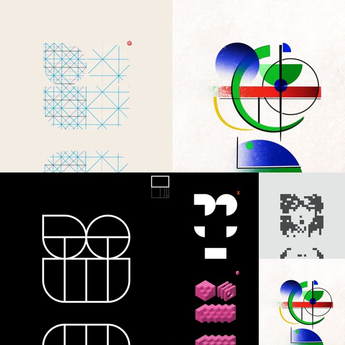 A collage of various graphic design illustrations featuring geometric shapes, abstract compositions, color theory diagrams, pixel art, and 3D pink cubes.