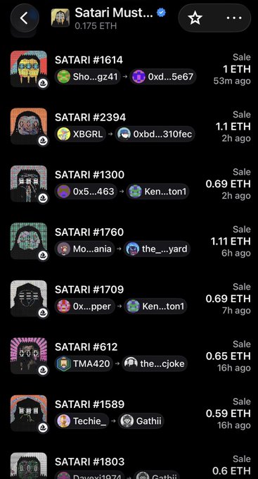 A screenshot of a NFT marketplace showing recent sales of the "Satari" collection, with floor price at 0.175 ETH and individual sales ranging from 0.59 to 1.11 ETH, including SATARI #1614 for 1 ETH and SATARI #1760 for 1.11 ETH. The image illustrates the post's theme of active trading and selling rare Satari NFTs at high prices, supporting the user's success in recovering costs through completed set collections.