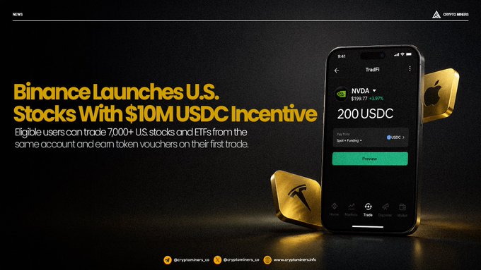 The image features a smartphone with an advertisement for Binance's U.S. Stocks & ETFs offering. The phone displays a message about the launch of U.S. stocks, along with a list of available stocks and ETFs. The text on the screen reads "Binance is putting up to 10M USDC behind its U.S. Stocks & ETFs launcheligible users can now access 7,000+ U.S. stocks and ETFs directly on Binance, alongside their crypto portfolio", indicating that Binance has allocated a certain amount of money for this new feature in the form of USDC (United States Dollar Coin). The phone is placed on a table with gold coins scattered around it, creating an interesting visual contrast between the digital advertisement and the physical objects.