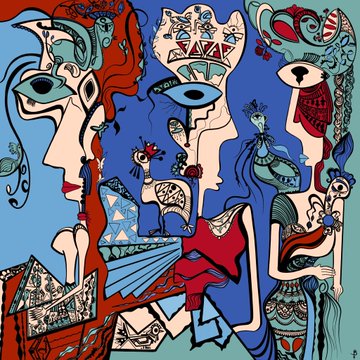 A vibrant, cubist-style illustration features abstract figures and a bird rendered in bold blues, reds, and intricate patterns with distorted facial features.