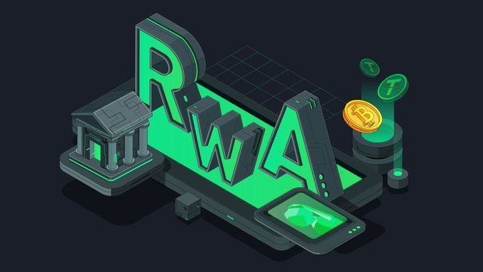 An isometric 3D illustration featuring the letters 'RWA' prominently displayed alongside cryptocurrency coins (including Tether and Bitcoin), a bank building, and a smartphone, symbolizing Real World Assets in crypto.