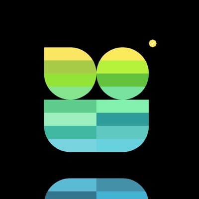 A stylized logo or icon in green, yellow, and blue gradient stripes forming rounded shapes on a black background.