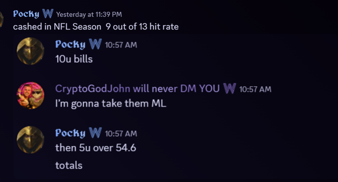 A Discord chat log where user 'Pocky' shares sports betting results, mentioning 'cashed in NFL Season 9 out of 13 hit rate' and betting totals.
