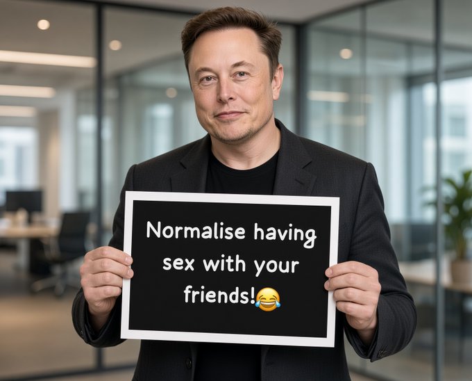 An image of Elon Musk in a suit holding up a framed sign that reads 'Normalise having sex with your friends!😂' in an office setting.
