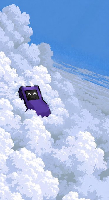 A pixel art scene shows a cute, smiling purple character with wide eyes peeking out from a massive, fluffy white cloud formation against a clear blue sky, whimsically illustrating the "money printer" loading meme as the $PRINTER token gets ready to "print."