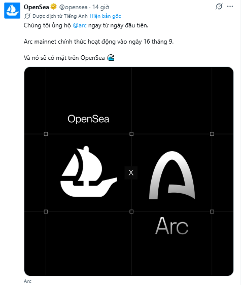 A screenshot of an OpenSea tweet announcing their support for @arc, with a graphic showing the OpenSea and Arc logos side by side, previewing Arc's mainnet launch on September 16th.