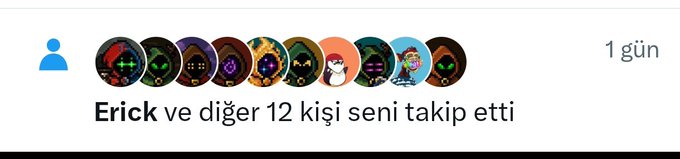 A notification showing "Erick ve diğer 12 kişi seni takip etti" (Erick and 12 others followed you) from 1 gün (1 day ago), featuring a row of 13 dark, mystical-style PFP avatars that match the $MANCER PFP collection the user is celebrating in their post.