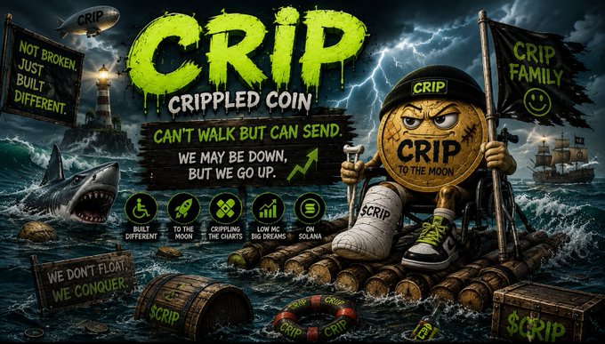A promotional graphic for 'CRIP - CRIPPLED COIN' cryptocurrency featuring an anthropomorphic coin character with a cast and crutch, with slogans like 'CAN'T WALK BUT CAN SEND' and 'WE DON'T FLOAT, WE CONQUER' amid a stormy pirate seascape.